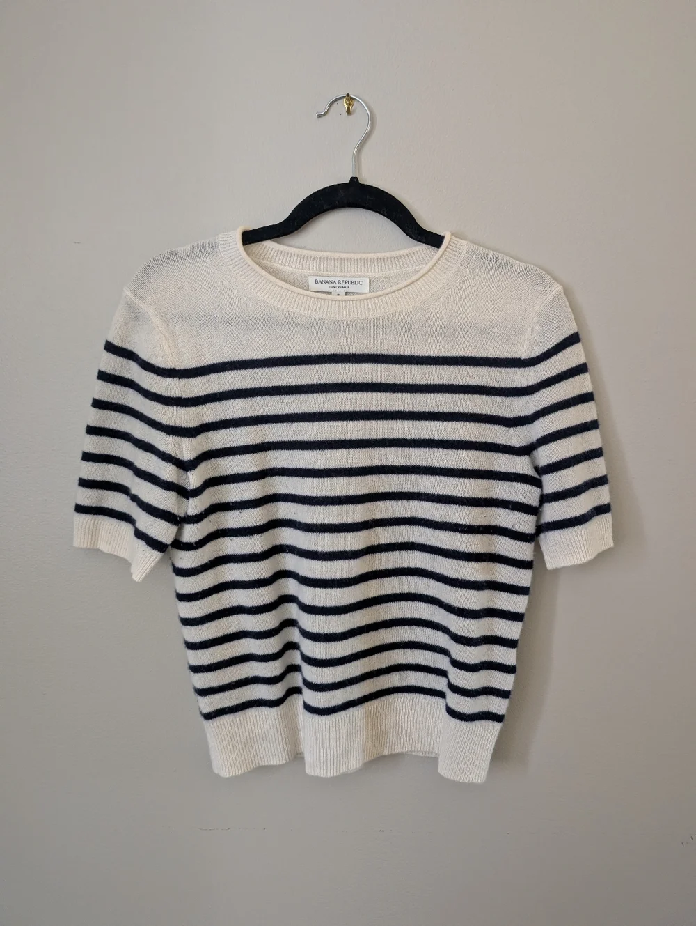 Banana Republic Cashmere Navy Stripe Short Sleeve Sweater - Picture 1 of 4